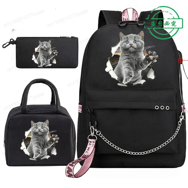 Sac de voyage Sacs à dos Sac d'école pour adolescents Chat drôle Anime Enfants Sac à dos Garçon Fille Sac à dos Sac d'école Sacs à pique-nique Sacs à dos 3pcs - Soldes-ShopOnline