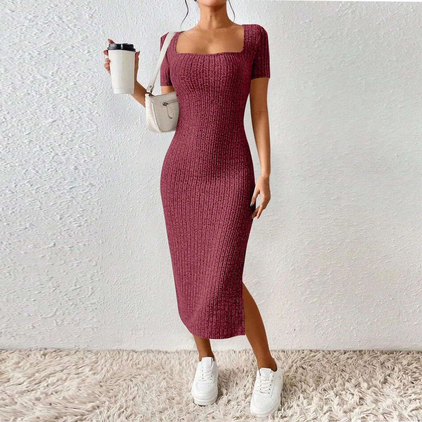 Women's New French Stand Alone Square Neck Short Sleeve Side Slit Dress Lady Short Sleeve Square Collar Side Slit Dress Vestidos Soldes-ShopOnline