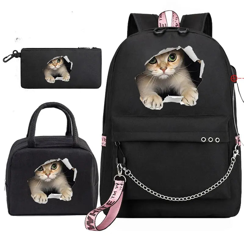 Sac de voyage Sacs à dos Sac d'école pour adolescents Chat drôle Anime Enfants Sac à dos Garçon Fille Sac à dos Sac d'école Sacs à pique-nique Sacs à dos 3pcs - Soldes-ShopOnline