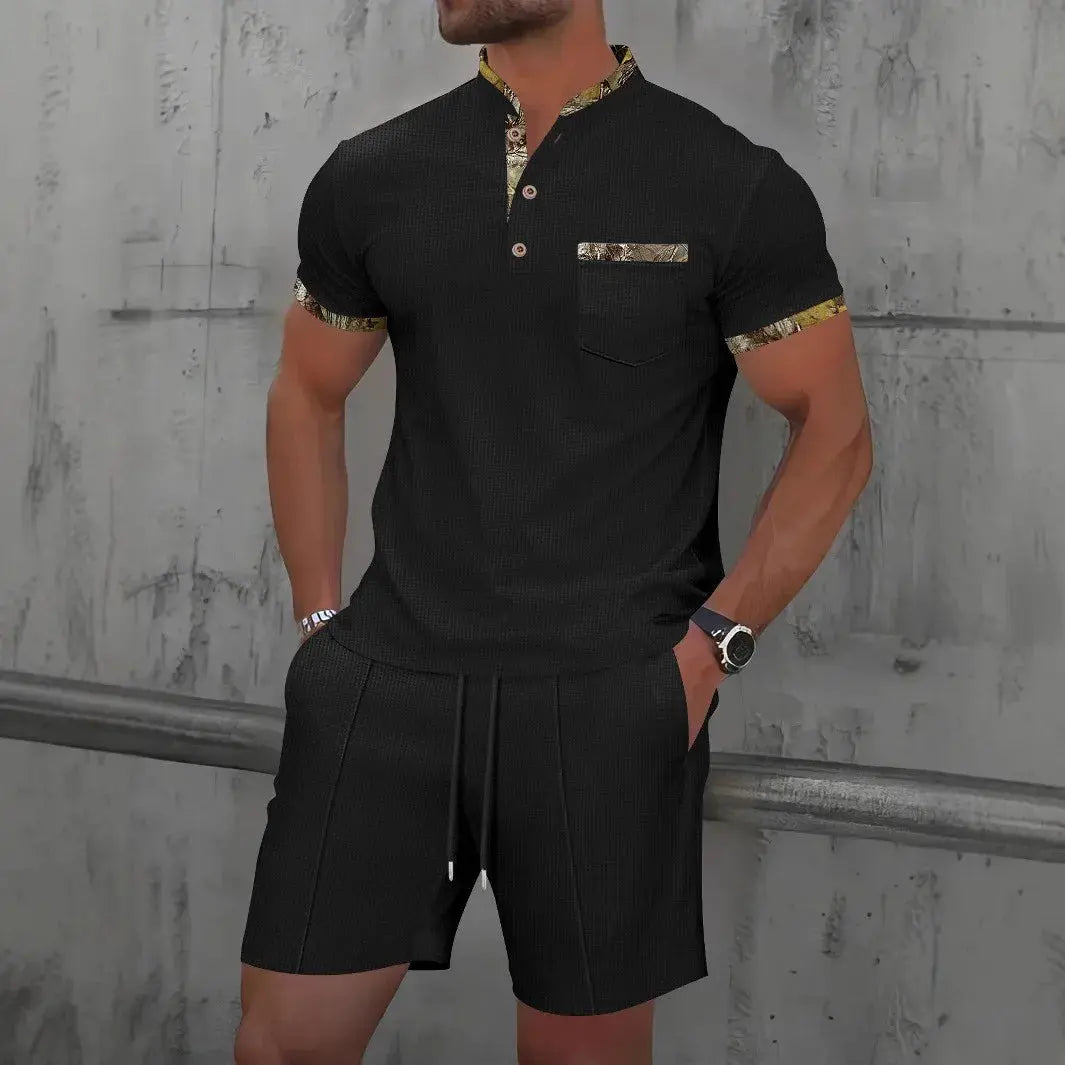 2025 Hommes nouvel été Waffle couleur unie zip-up revers costume à manches courtes shorts deux ensembles ensembles chill short polo zip pour hommes décontracter classe chics - Soldes-ShopOnline