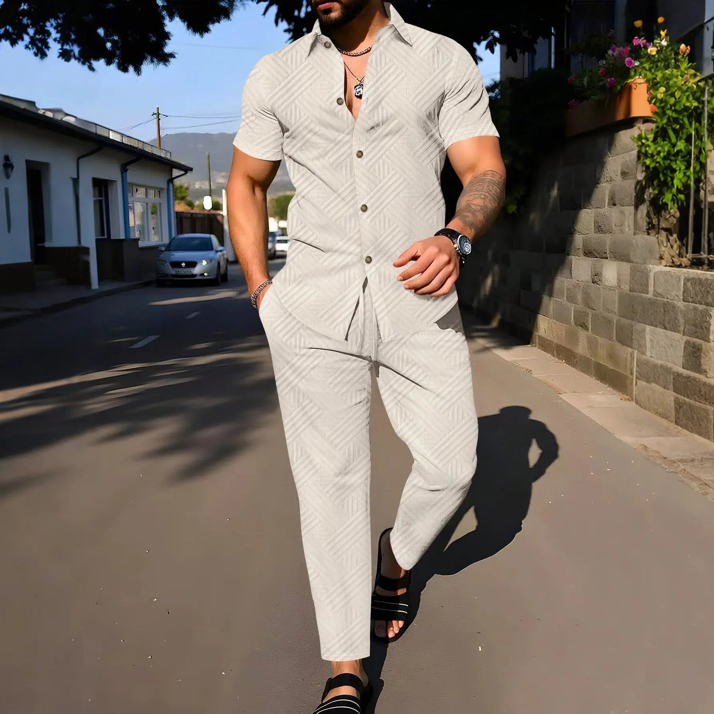 Une chemise à manches courtes deux pièces à la mode et tendance avec un pantalon long est parfaite pour les vêtements décontractés quotidiens des hommes au printemps et en automne été décontracté ensembles tenue pour homme - Soldes-ShopOnline