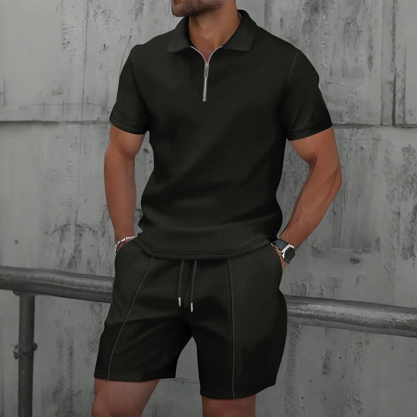 2025 Hommes nouvel été Waffle couleur unie zip-up revers costume à manches courtes shorts deux ensembles ensembles chill short polo zip pour hommes décontracter classe chics - Soldes-ShopOnline