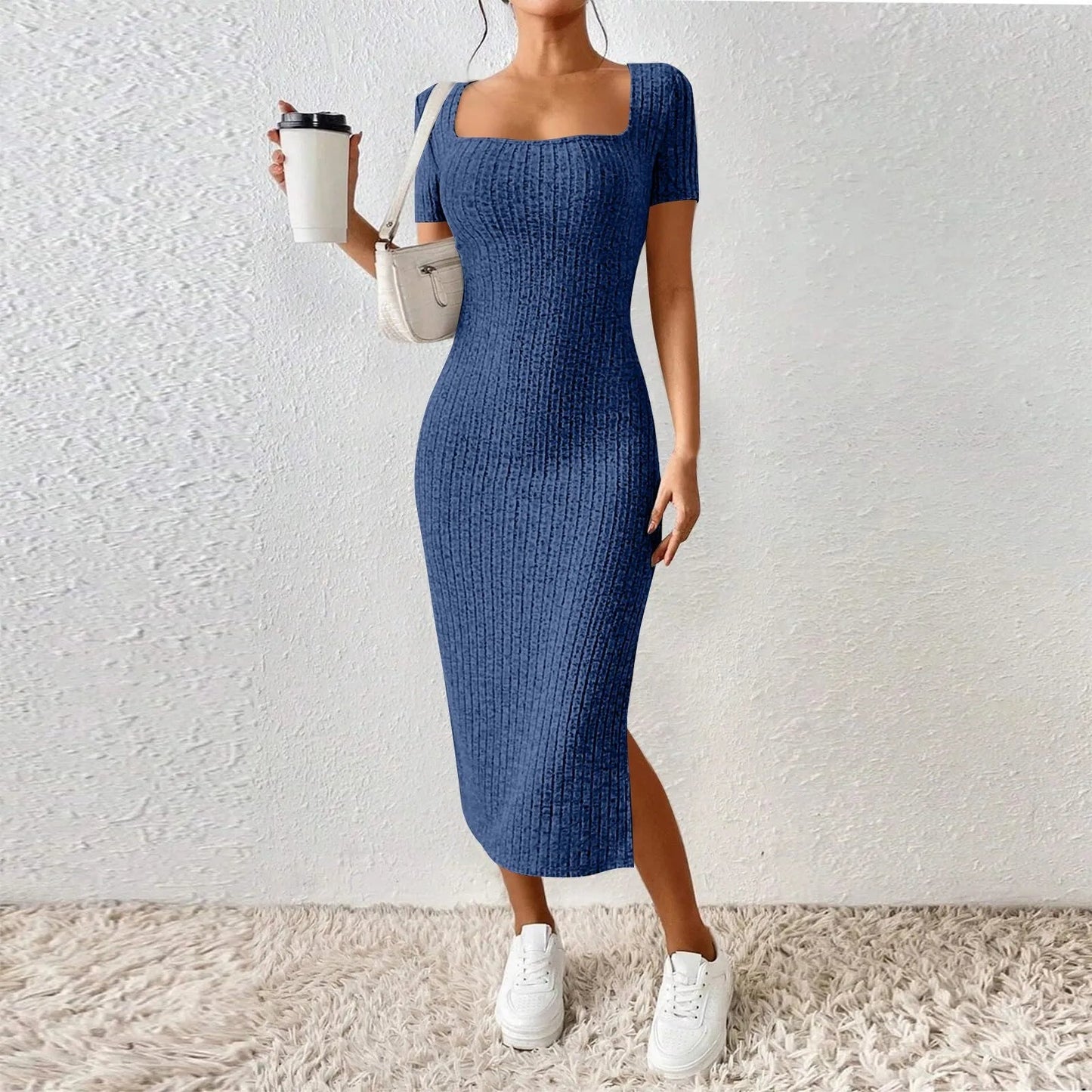 Women's New French Stand Alone Square Neck Short Sleeve Side Slit Dress Lady Short Sleeve Square Collar Side Slit Dress Vestidos Soldes-ShopOnline