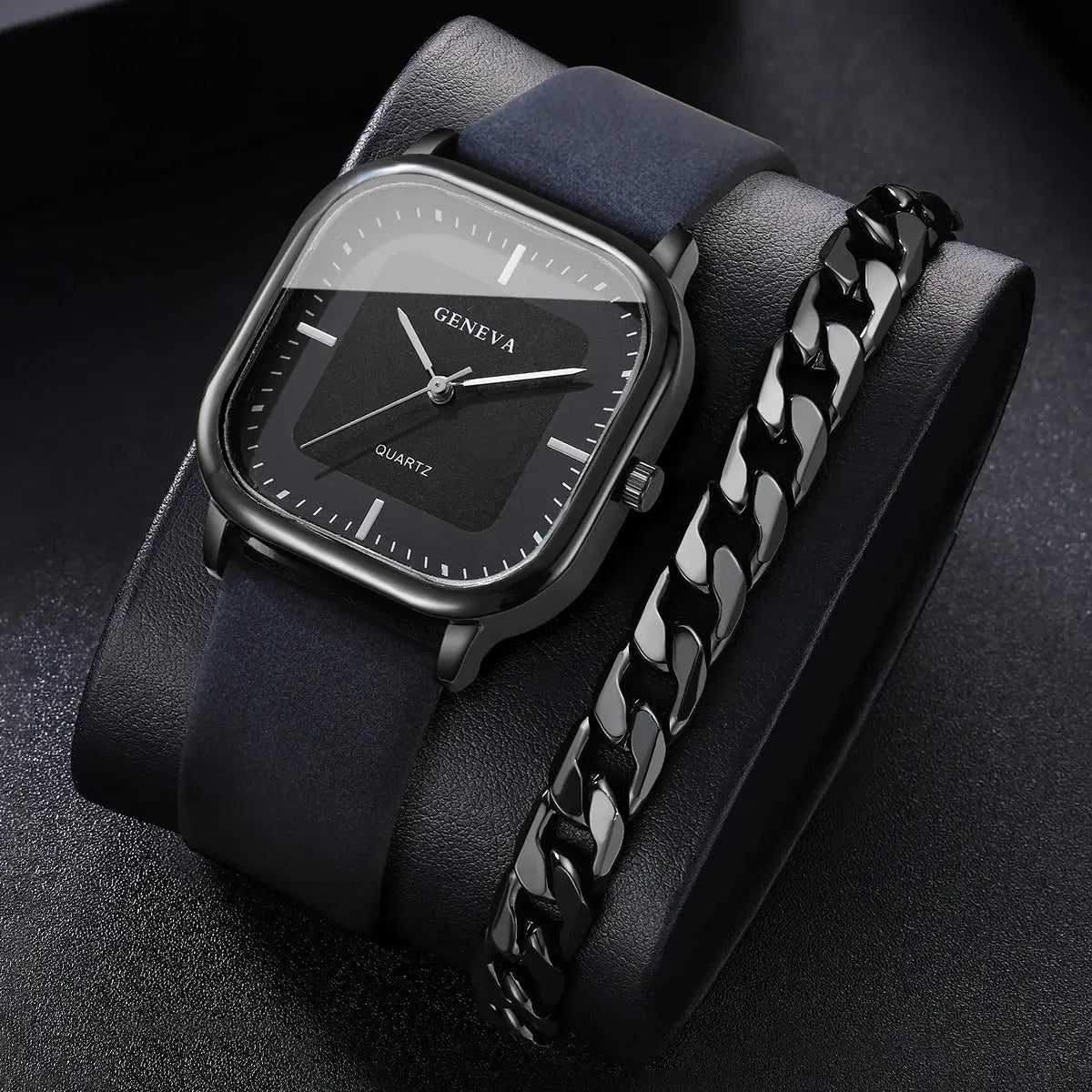 GENEVA 2PCS/Set Bracelet en cuir de mode Montres à quartz pour hommes Montres à cadran carré décontracté avec bracelet Reloj Hombre (sans boîte) Garçons/Hommes idée de cadeau à prix Discount - Soldes-ShopOnline
