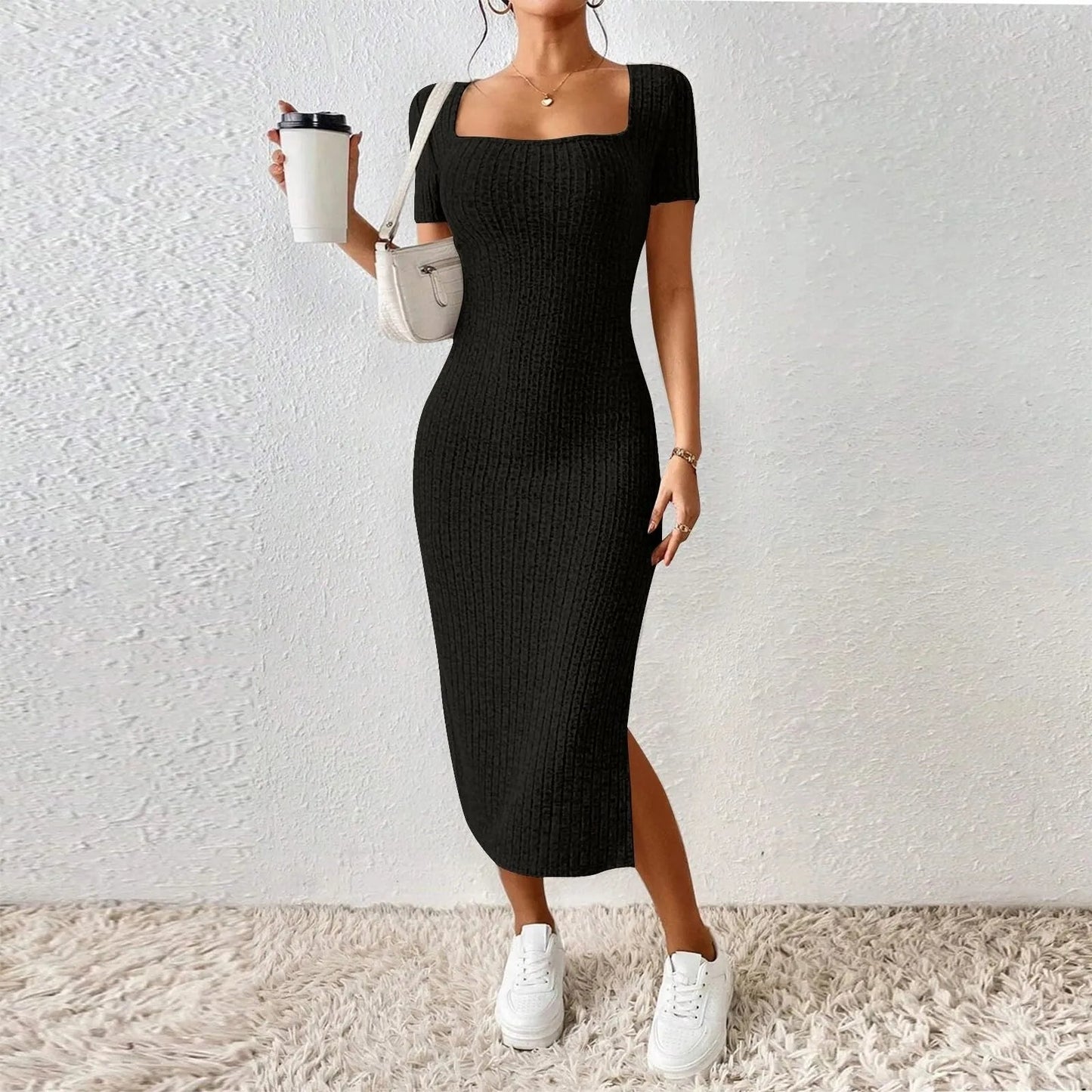 Women's New French Stand Alone Square Neck Short Sleeve Side Slit Dress Lady Short Sleeve Square Collar Side Slit Dress Vestidos Soldes-ShopOnline