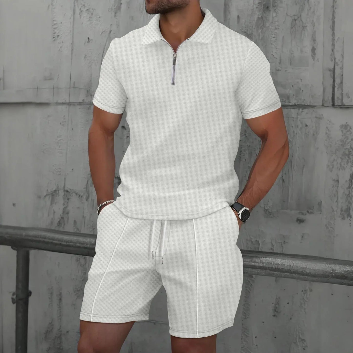 2025 Hommes nouvel été Waffle couleur unie zip-up revers costume à manches courtes shorts deux ensembles ensembles chill short polo zip pour hommes décontracter classe chics - Soldes-ShopOnline
