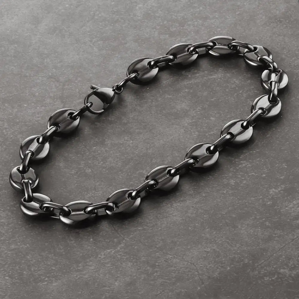 9mm Coffee Beans Link Chain Bracelet for Men Black Silver Color Stainless Steel Bracelets Hip Hop Male Jewelry Gifts Soldes-ShopOnline
