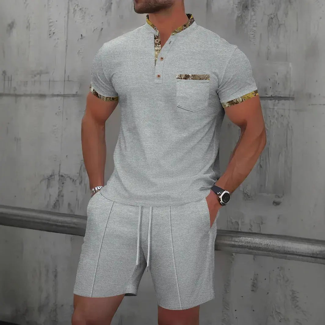 2025 Hommes nouvel été Waffle couleur unie zip-up revers costume à manches courtes shorts deux ensembles ensembles chill short polo zip pour hommes décontracter classe chics - Soldes-ShopOnline