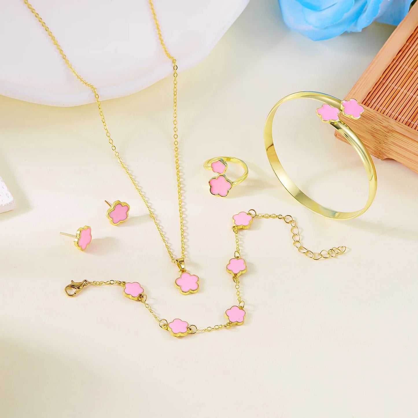 5pcs/set Colorful Enamel Plum Blossom Bracelets for Women Lucky Five Leaf Flower Necklace Earring Elegance Party Jewelry Gifts Soldes-ShopOnline