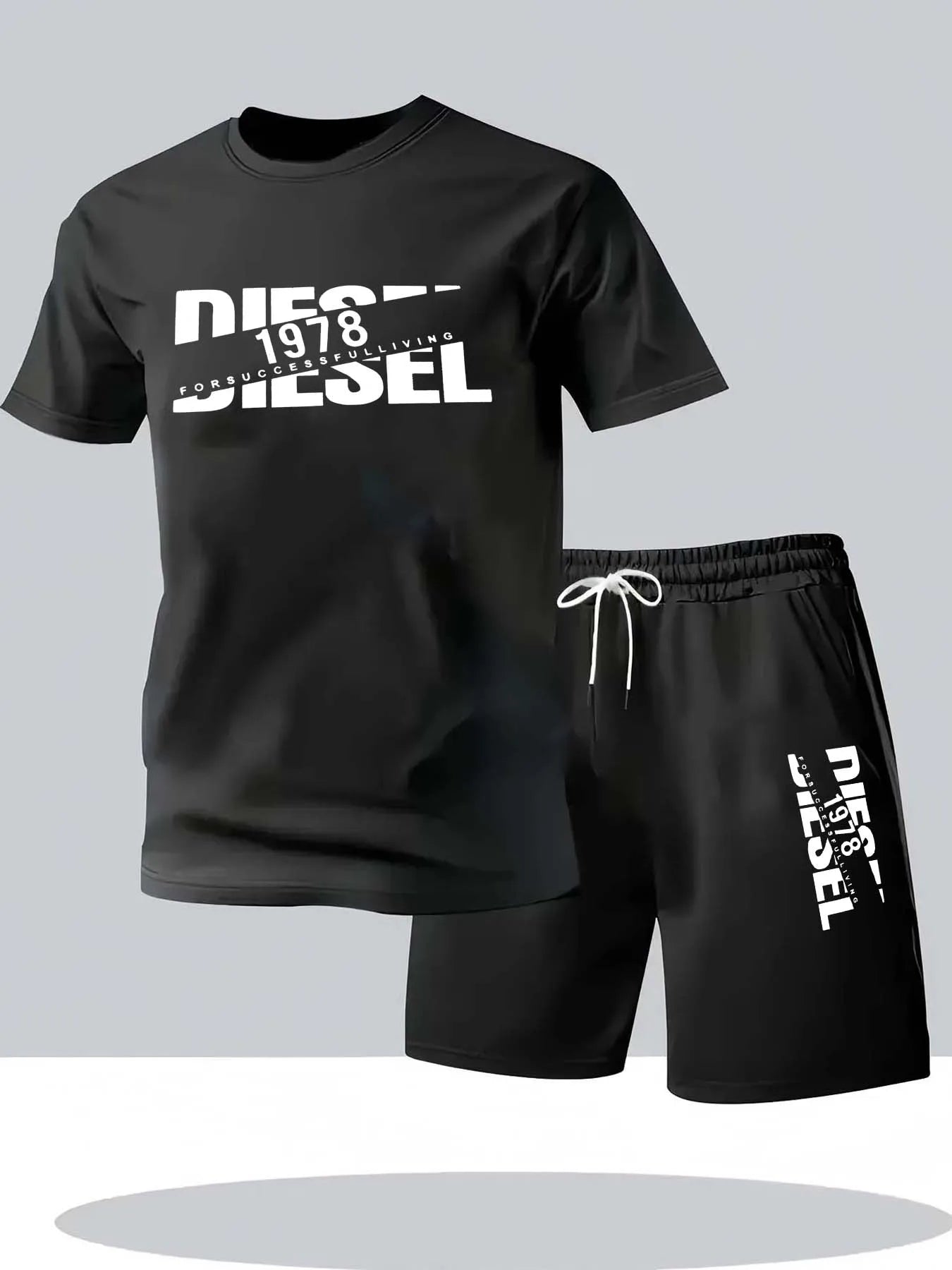 ensemble de t-shirt short homme Ensemble de t-shirt et de short décontractés à la mode d’été pour hommes, motif de cheminée ample, tenue sportive à col rond et à manches courtes Soldes-ShopOnline