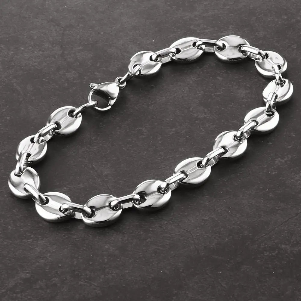 9mm Coffee Beans Link Chain Bracelet for Men Black Silver Color Stainless Steel Bracelets Hip Hop Male Jewelry Gifts Soldes-ShopOnline