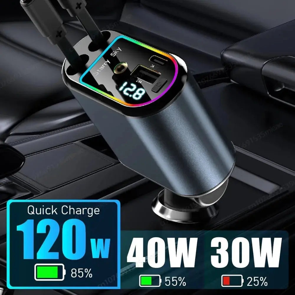 Transmetteur FM +Option led Ciel étoilé + Chargeur de voiture rétractable Starlight, Max 120W 4 en 1 accessoires de voiture, chargeur de téléphone de voiture rapide avec 2 ports USB pour téléphone Bluetooth à Prix Discount - Soldes-ShopOnline