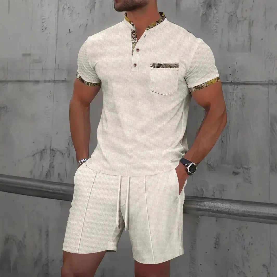 2025 Hommes nouvel été Waffle couleur unie zip-up revers costume à manches courtes shorts deux ensembles ensembles chill short polo zip pour hommes décontracter classe chics - Soldes-ShopOnline