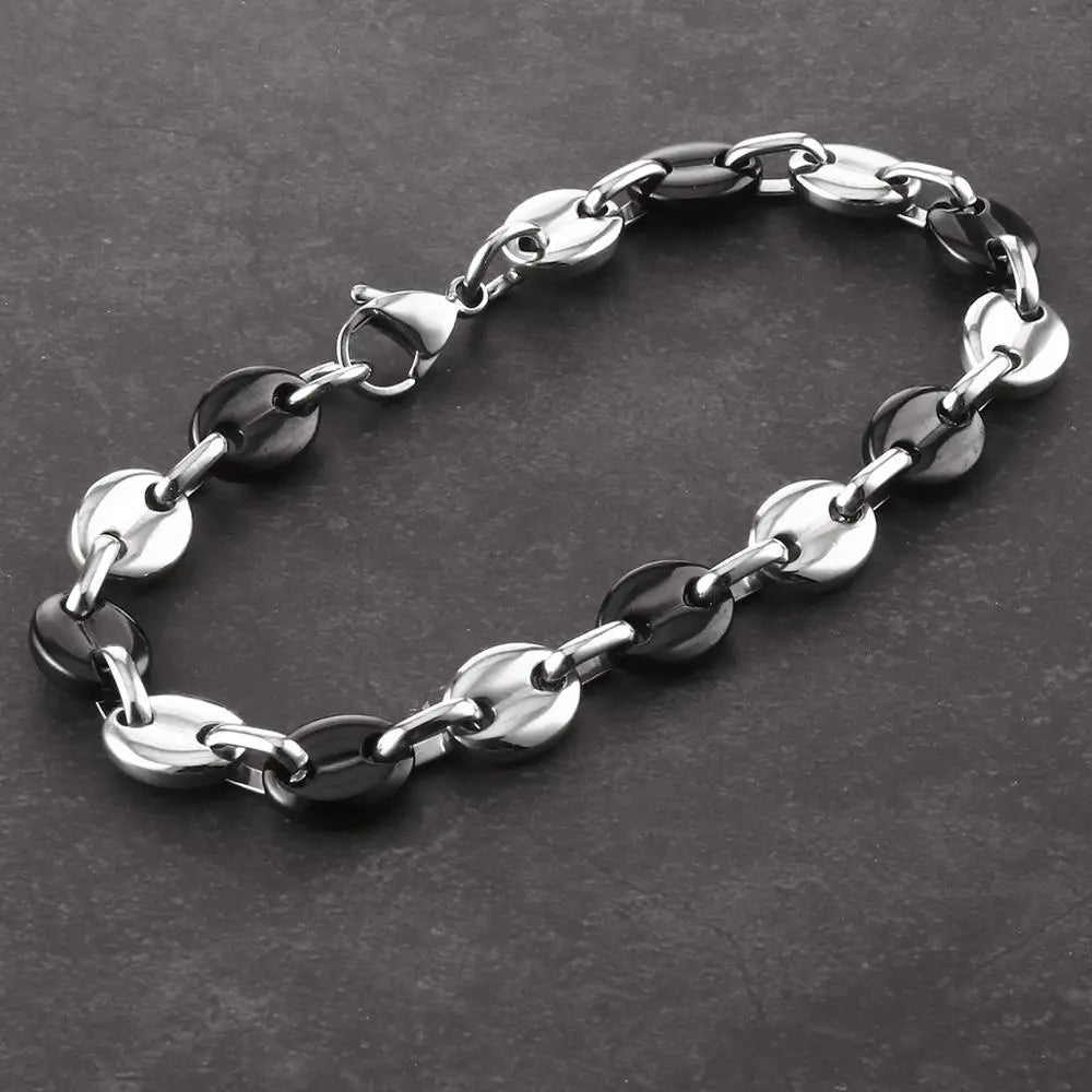9mm Coffee Beans Link Chain Bracelet for Men Black Silver Color Stainless Steel Bracelets Hip Hop Male Jewelry Gifts Soldes-ShopOnline