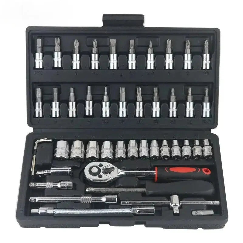 46pcs Kit d'outils de réparation de voiture Jeu de douilles 1/4 pouces Outil de réparation de voiture Clé dynam à cliquet Combo Ensemble de réparation automatique Outil de mécanique accessoire auto kit de secours à Prix Discount - Soldes-ShopOnline