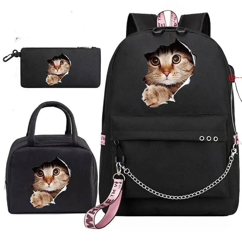 Sac de voyage Sacs à dos Sac d'école pour adolescents Chat drôle Anime Enfants Sac à dos Garçon Fille Sac à dos Sac d'école Sacs à pique-nique Sacs à dos 3pcs - Soldes-ShopOnline