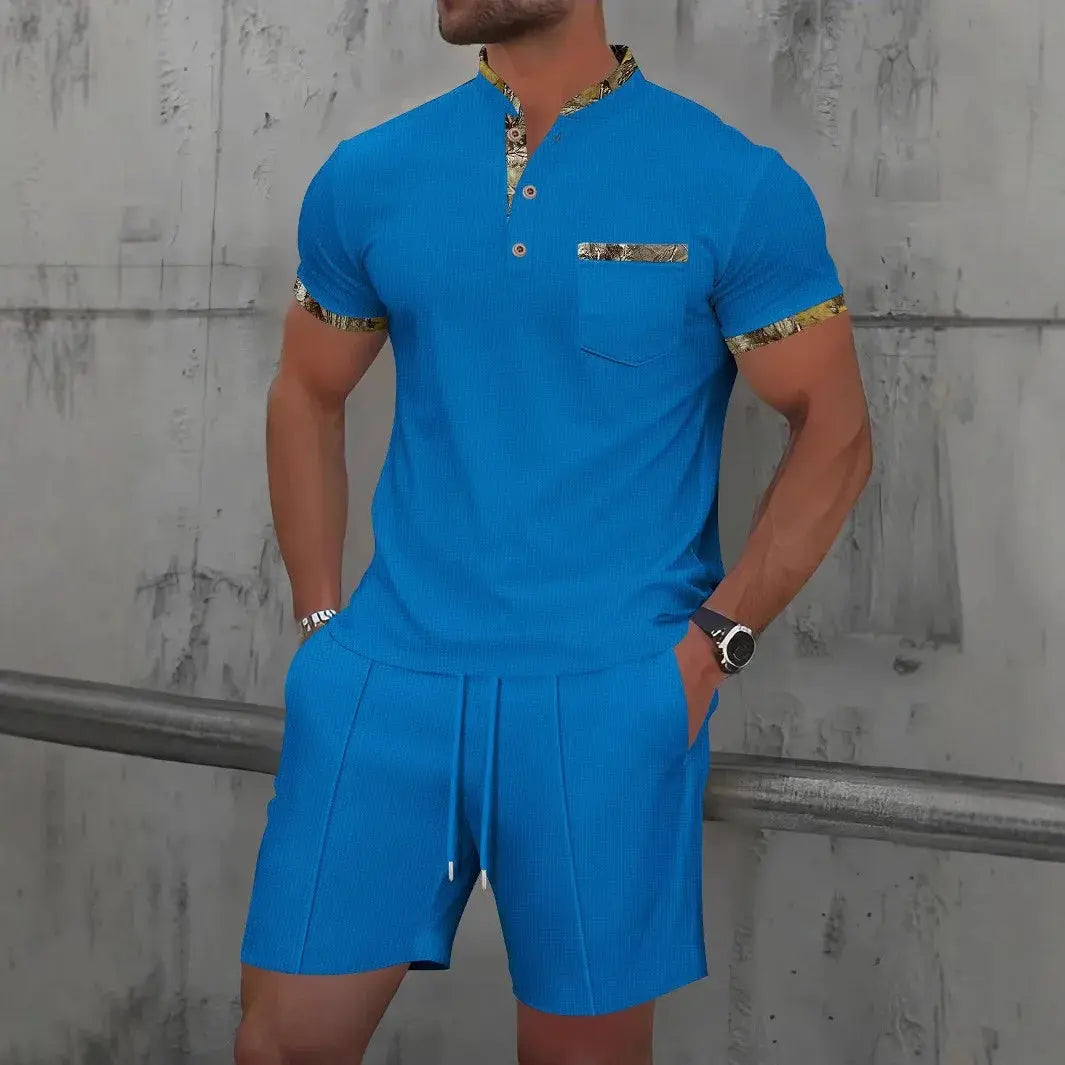 2025 Hommes nouvel été Waffle couleur unie zip-up revers costume à manches courtes shorts deux ensembles ensembles chill short polo zip pour hommes décontracter classe chics - Soldes-ShopOnline