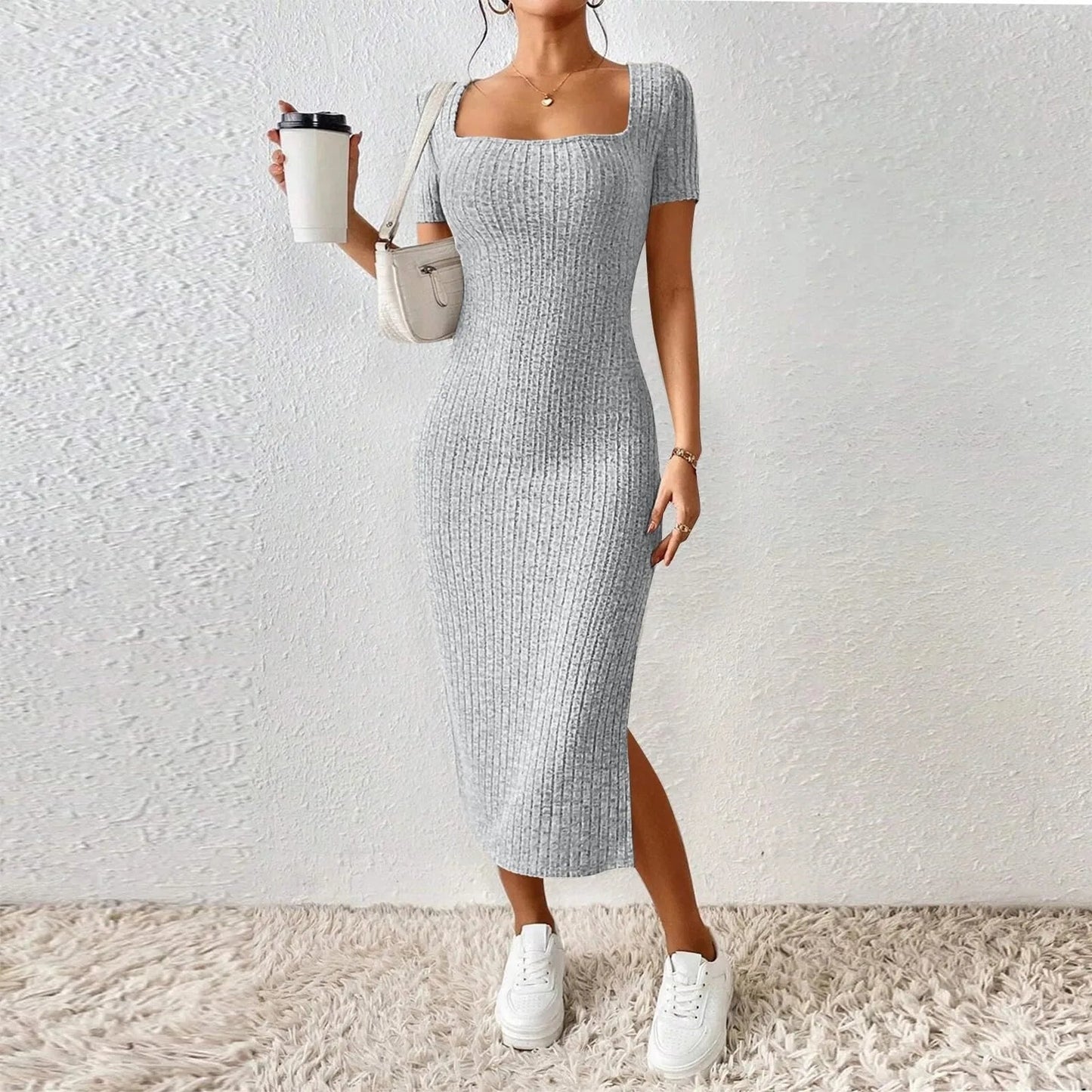 Women's New French Stand Alone Square Neck Short Sleeve Side Slit Dress Lady Short Sleeve Square Collar Side Slit Dress Vestidos Soldes-ShopOnline