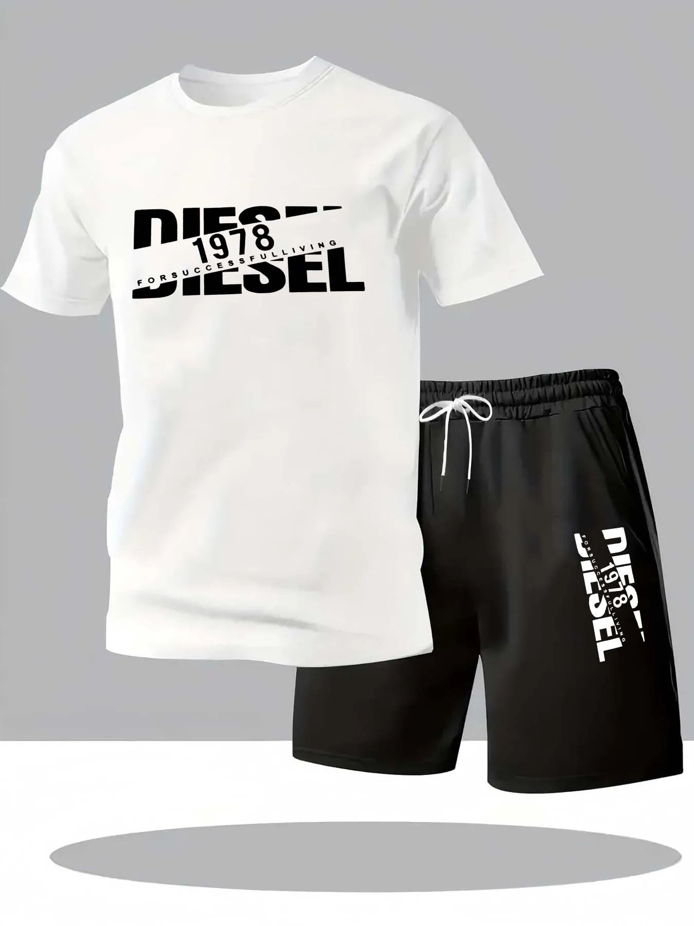 ensemble de t-shirt short homme Ensemble de t-shirt et de short décontractés à la mode d’été pour hommes, motif de cheminée ample, tenue sportive à col rond et à manches courtes Soldes-ShopOnline
