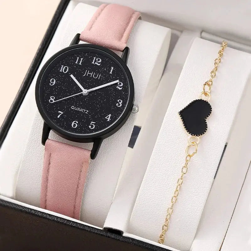 2PCS Fashion Starry Sky Montre à quartz pour femmes Bracelet en cuir Montres-bracelets analogiques Ensemble de bracelet en forme de cœur (sans boîte) filles /femmes idée de cadeaux à Prix Discount - Soldes-ShopOnline