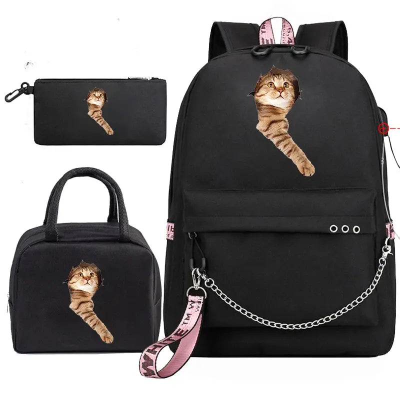 Sac de voyage Sacs à dos Sac d'école pour adolescents Chat drôle Anime Enfants Sac à dos Garçon Fille Sac à dos Sac d'école Sacs à pique-nique Sacs à dos 3pcs - Soldes-ShopOnline
