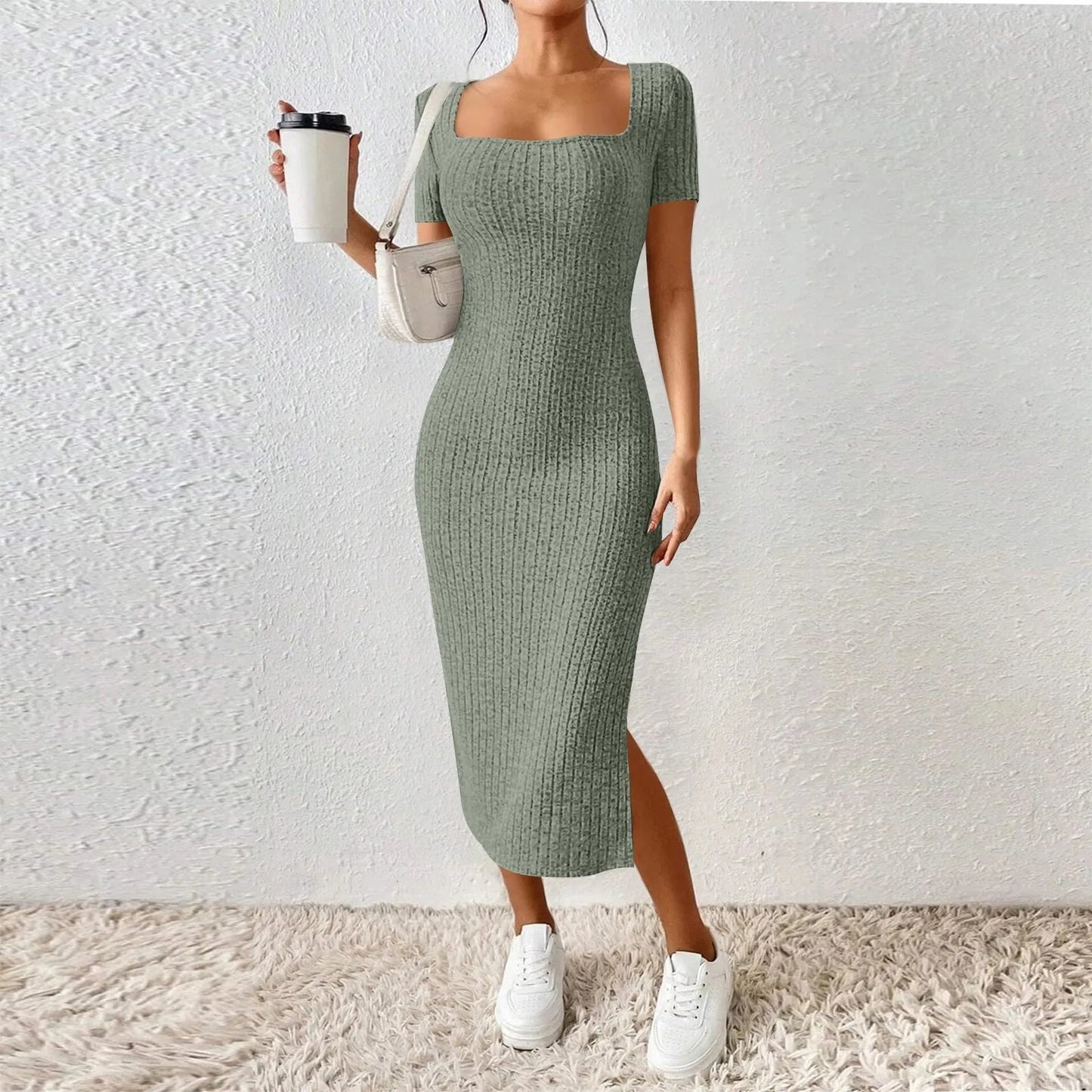 Women's New French Stand Alone Square Neck Short Sleeve Side Slit Dress Lady Short Sleeve Square Collar Side Slit Dress Vestidos Soldes-ShopOnline
