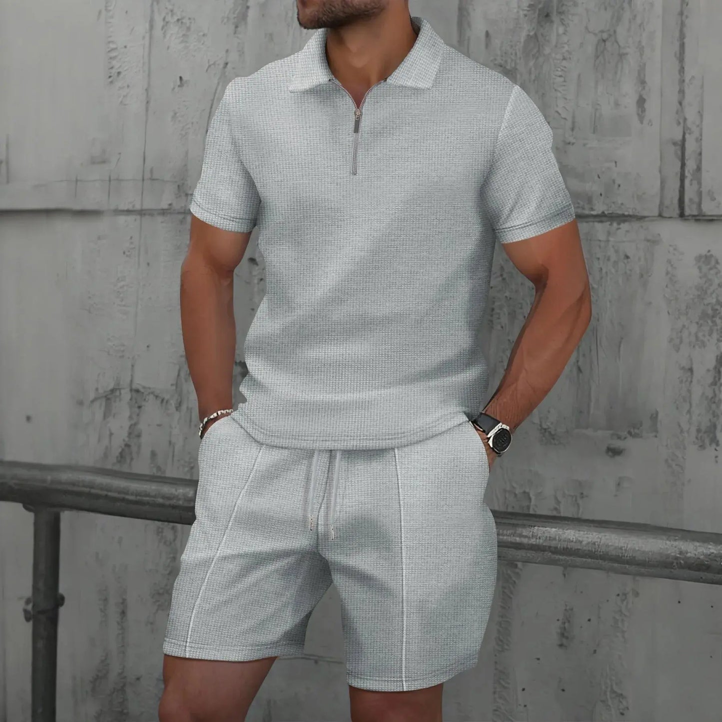 2025 Hommes nouvel été Waffle couleur unie zip-up revers costume à manches courtes shorts deux ensembles ensembles chill short polo zip pour hommes décontracter classe chics - Soldes-ShopOnline