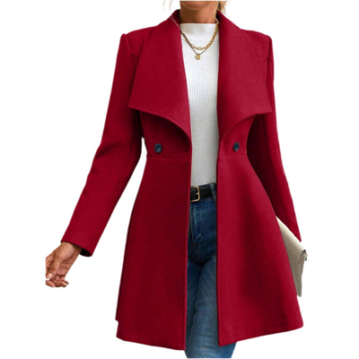 Manteau Femme Élégant Rouge - Veste Longue Boutonnée Col Revers Hiver Soldes-ShopOnline