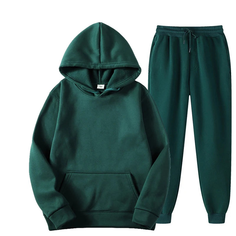 New Men Women Tracksuit Hoodies Casual Solid Color Thick Pullover and Long Pant 2-piece Set Men Autumn Fleece Jogger Sports Suit Soldes-ShopOnline