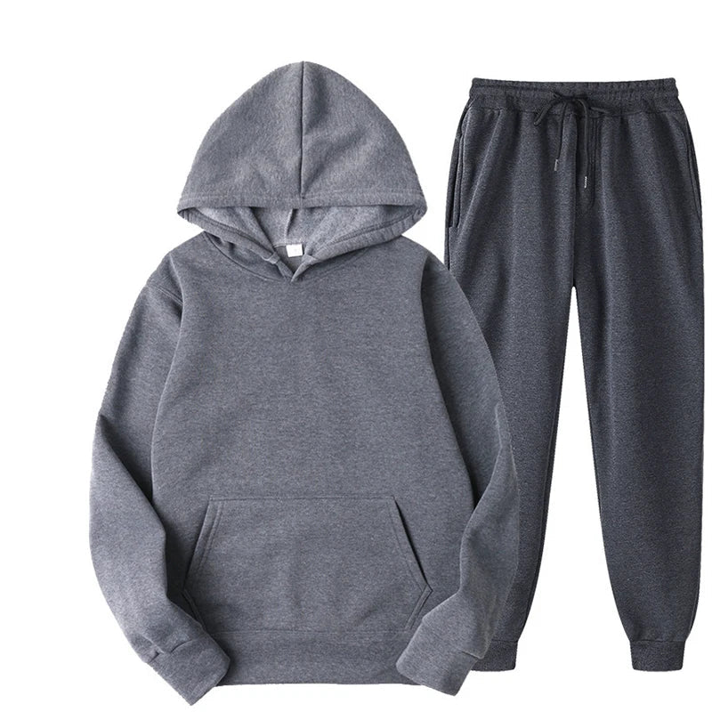 New Men Women Tracksuit Hoodies Casual Solid Color Thick Pullover and Long Pant 2-piece Set Men Autumn Fleece Jogger Sports Suit Soldes-ShopOnline
