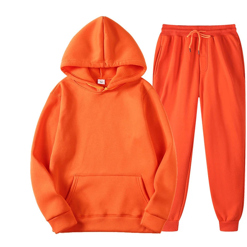 New Men Women Tracksuit Hoodies Casual Solid Color Thick Pullover and Long Pant 2-piece Set Men Autumn Fleece Jogger Sports Suit Soldes-ShopOnline