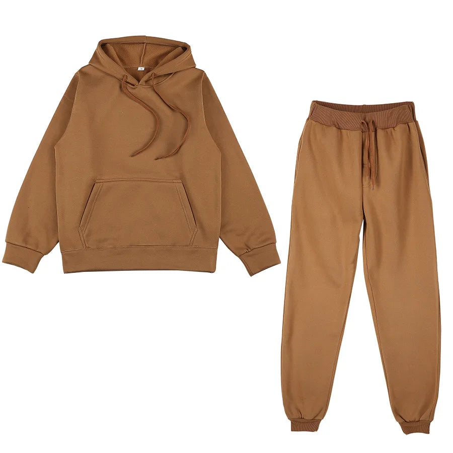 New Men Women Tracksuit Hoodies Casual Solid Color Thick Pullover and Long Pant 2-piece Set Men Autumn Fleece Jogger Sports Suit Soldes-ShopOnline