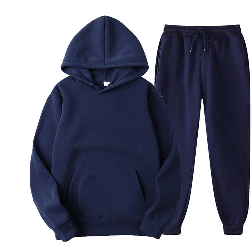 New Men Women Tracksuit Hoodies Casual Solid Color Thick Pullover and Long Pant 2-piece Set Men Autumn Fleece Jogger Sports Suit Soldes-ShopOnline