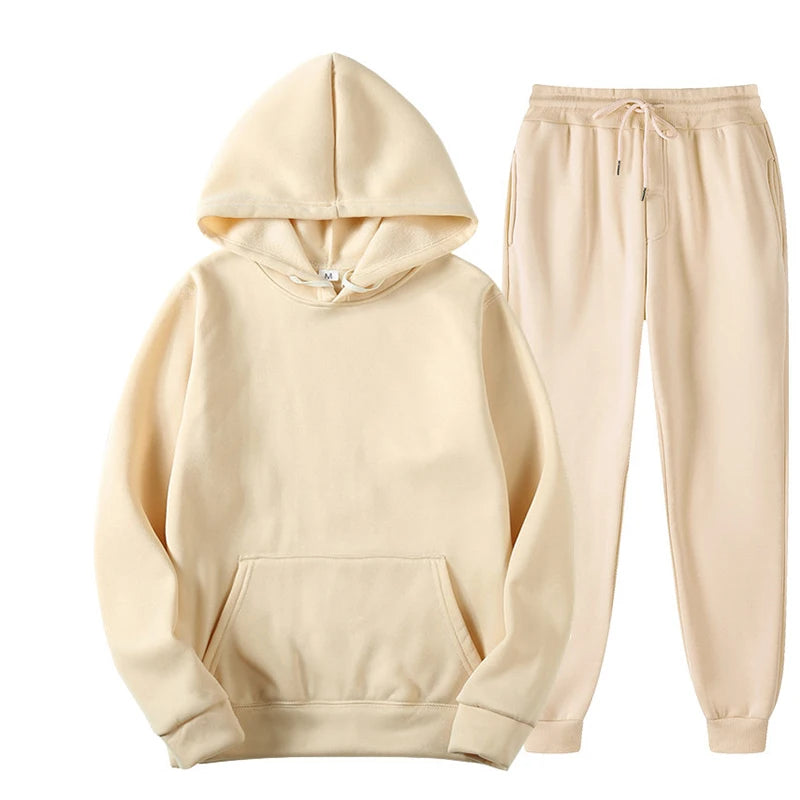 New Men Women Tracksuit Hoodies Casual Solid Color Thick Pullover and Long Pant 2-piece Set Men Autumn Fleece Jogger Sports Suit Soldes-ShopOnline