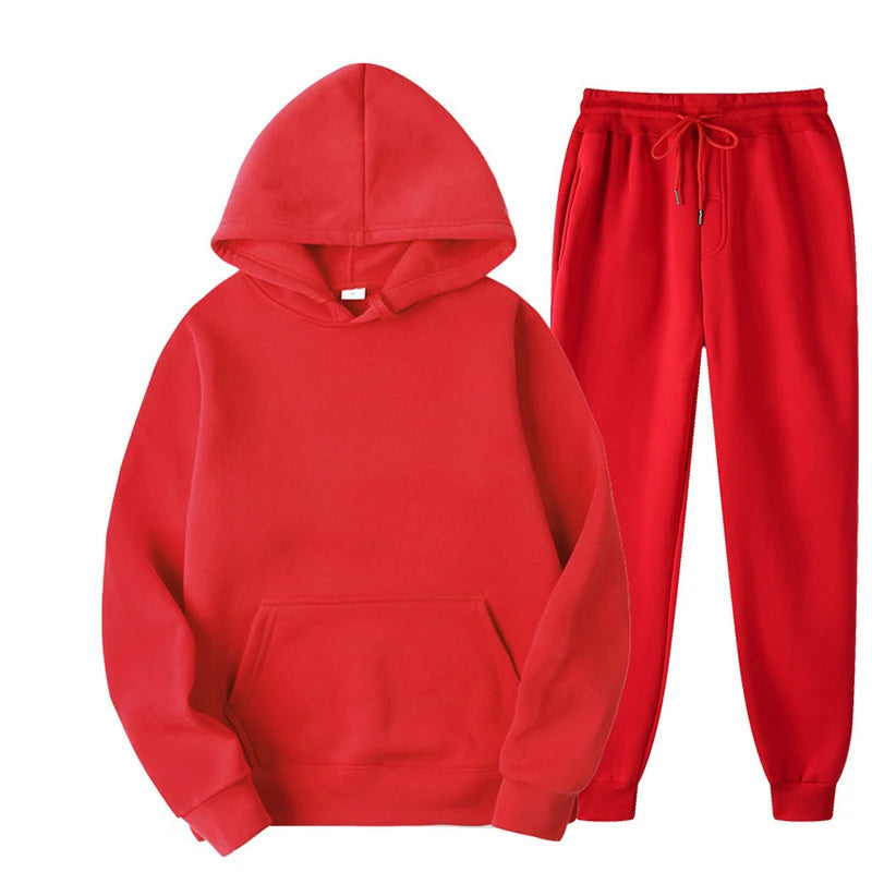 New Men Women Tracksuit Hoodies Casual Solid Color Thick Pullover and Long Pant 2-piece Set Men Autumn Fleece Jogger Sports Suit Soldes-ShopOnline