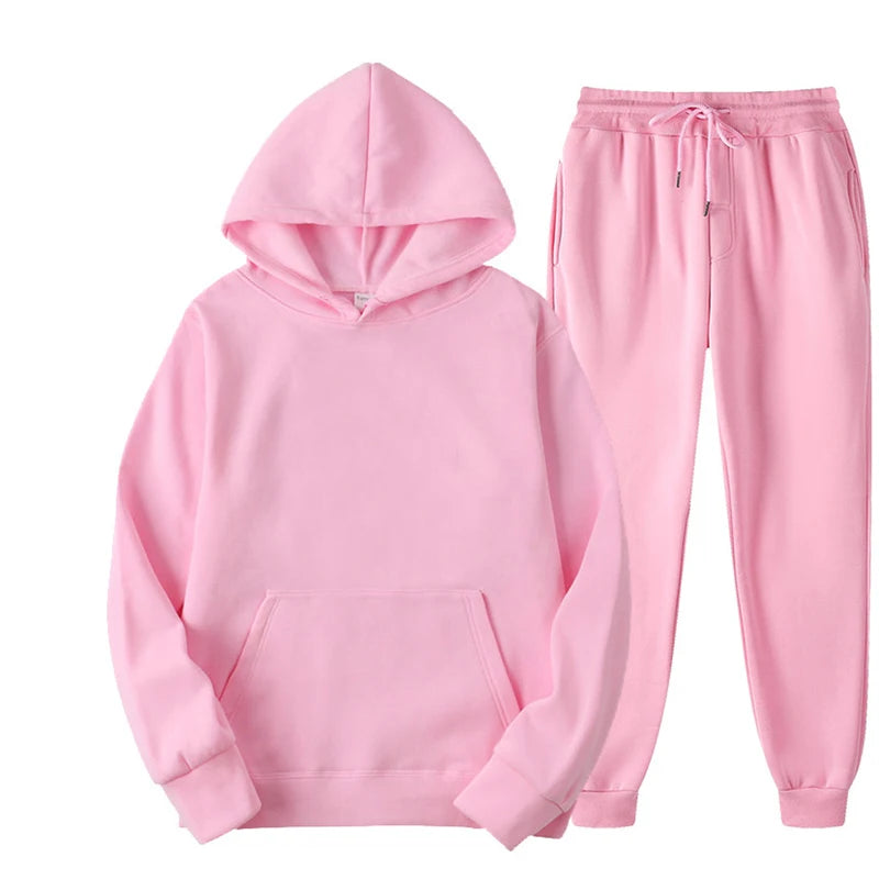 New Men Women Tracksuit Hoodies Casual Solid Color Thick Pullover and Long Pant 2-piece Set Men Autumn Fleece Jogger Sports Suit Soldes-ShopOnline
