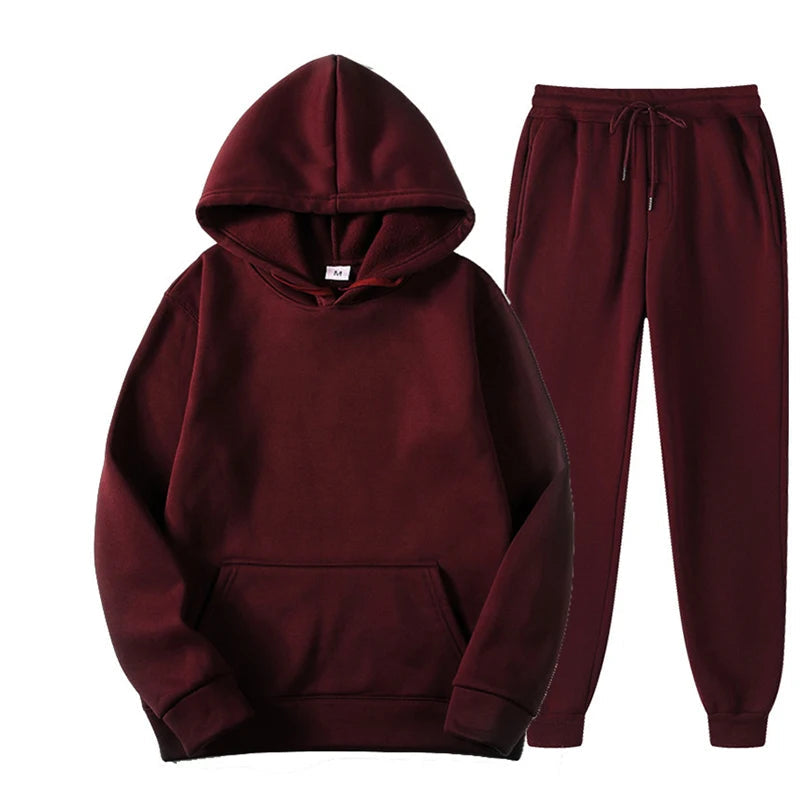 New Men Women Tracksuit Hoodies Casual Solid Color Thick Pullover and Long Pant 2-piece Set Men Autumn Fleece Jogger Sports Suit Soldes-ShopOnline