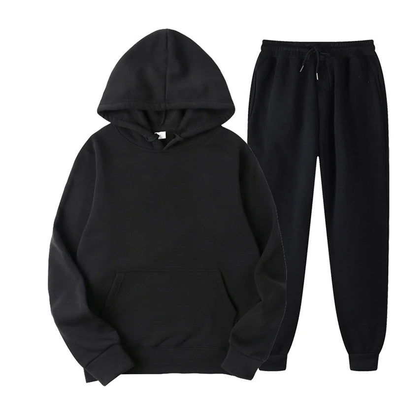 New Men Women Tracksuit Hoodies Casual Solid Color Thick Pullover and Long Pant 2-piece Set Men Autumn Fleece Jogger Sports Suit Soldes-ShopOnline