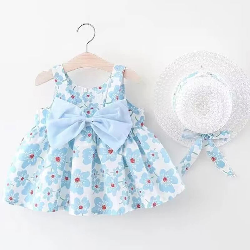 Robe Princesse Bébé Fille LJW – Fleurie, Sans Manches, Noeud + Chapeau, 0-3 Ans Soldes-ShopOnline