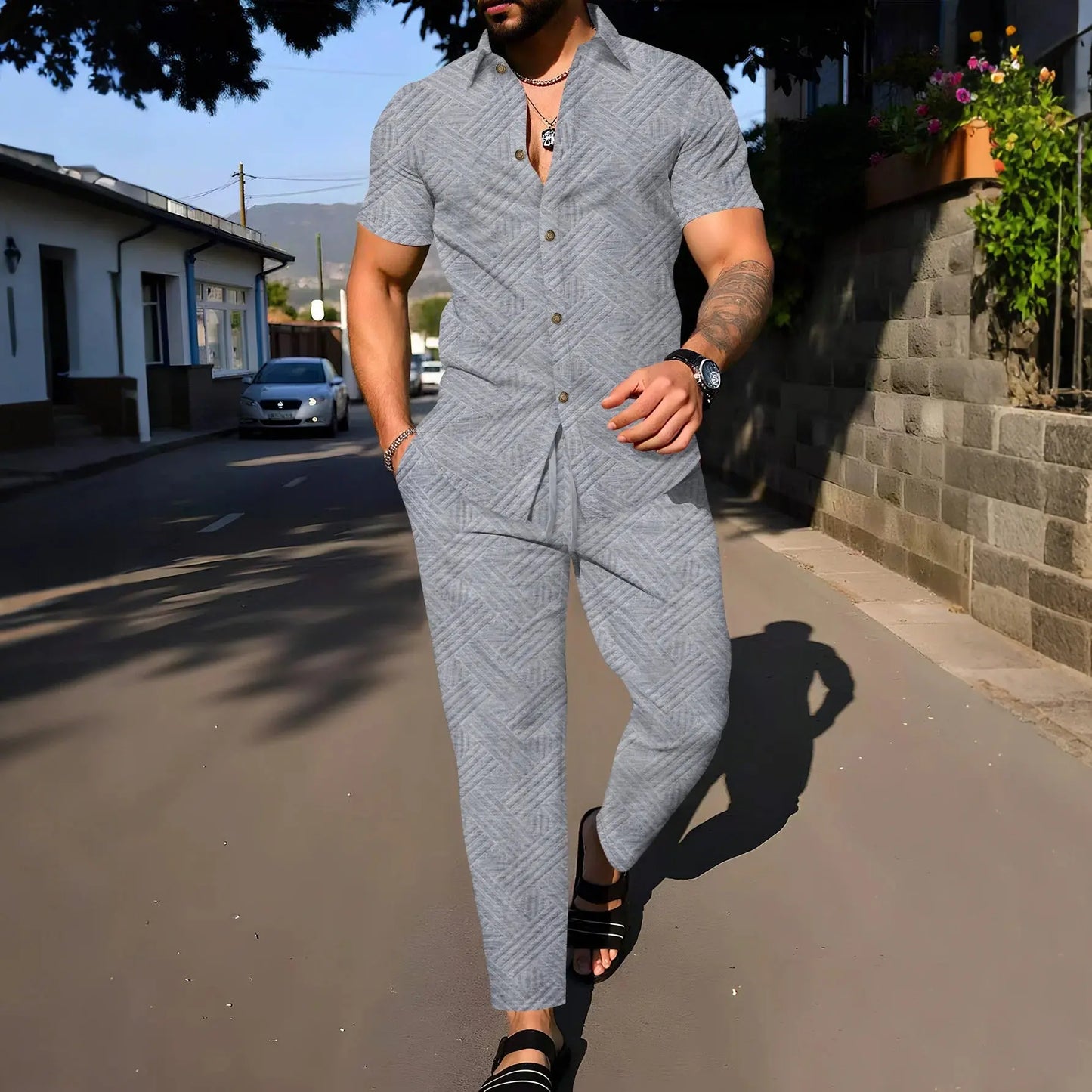 Une chemise à manches courtes deux pièces à la mode et tendance avec un pantalon long est parfaite pour les vêtements décontractés quotidiens des hommes au printemps et en automne été décontracté ensembles tenue pour homme - Soldes-ShopOnline