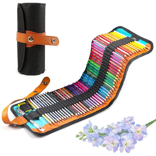 Ensemble de crayons 50/72 couleurs avec étui enroulable en toile Crayons d'art Bois d'huile professionnel Parfait pour les croquis de dessin de coloriage de l'étudiant Filles/Garçons - Soldes-ShopOnline