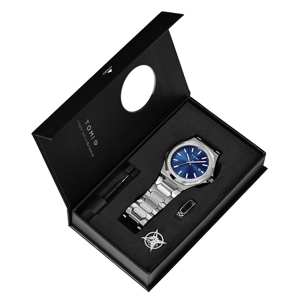 TOMI Luxury – Coffret Business Homme Montre Quartz Or Rose + Bague & Broche | Bracelet Acier, Cadran Épuré Soldes-ShopOnline