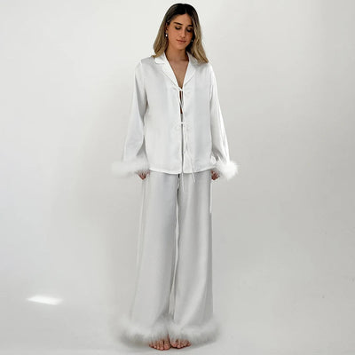 HiLoc Elegant Satin White Pants Sets Pajamas With Feather Cuffs Blouses Wide Legs Pants Sleepwear Female 2025 Spring Autumn Suit Soldes-ShopOnline