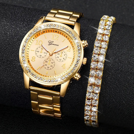 GENEVA 2PCS Mode Strass Montre Femme Bande En Acier Doré Montres-Bracelets Quartz Ensemble De Bracelets En Diamant (Sans Boîte)Filles/Femmes idée de cadeau à Prix Discount - Soldes-ShopOnline