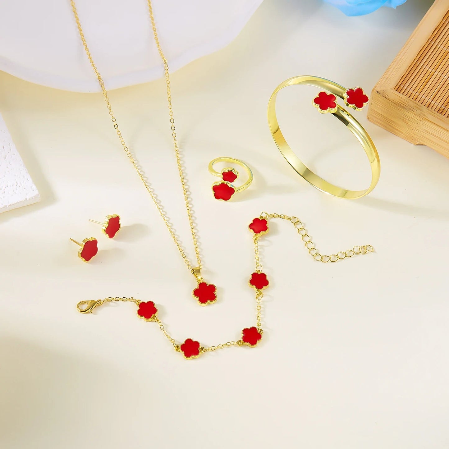 5pcs/set Colorful Enamel Plum Blossom Bracelets for Women Lucky Five Leaf Flower Necklace Earring Elegance Party Jewelry Gifts Soldes-ShopOnline