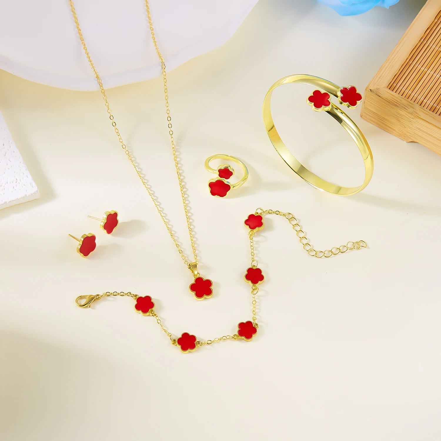 5pcs/set Colorful Enamel Plum Blossom Bracelets for Women Lucky Five Leaf Flower Necklace Earring Elegance Party Jewelry Gifts Soldes-ShopOnline
