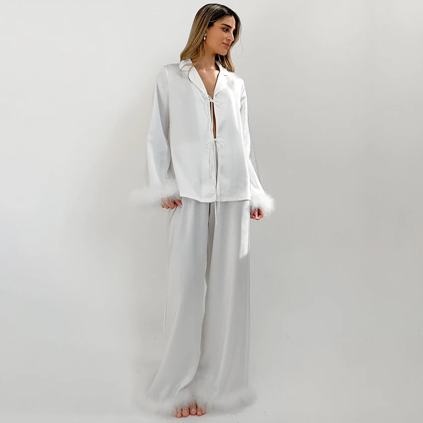 HiLoc Elegant Satin White Pants Sets Pajamas With Feather Cuffs Blouses Wide Legs Pants Sleepwear Female 2025 Spring Autumn Suit Soldes-ShopOnline
