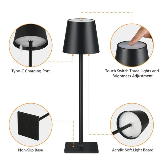 Lampe de table LED Touch Sensor Bureau Veilleuse Lampe de lecture sans fil rechargeable pour hôtel Bar Restaurant Chambre Décor Lumière Femme/Homme - Soldes-ShopOnline