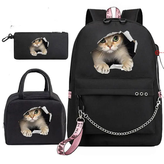 Sac de voyage Sacs à dos Sac d'école pour adolescents Chat drôle Anime Enfants Sac à dos Garçon Fille Sac à dos Sac d'école Sacs à pique-nique Sacs à dos 3pcs - Soldes-ShopOnline