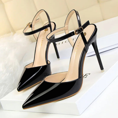 86-1 Style Simple Slim Ultra High Heel Shallow Painted Leather Sexy Nightclub Slimming One-word Strap Women Cool Shoes Soldes-ShopOnline